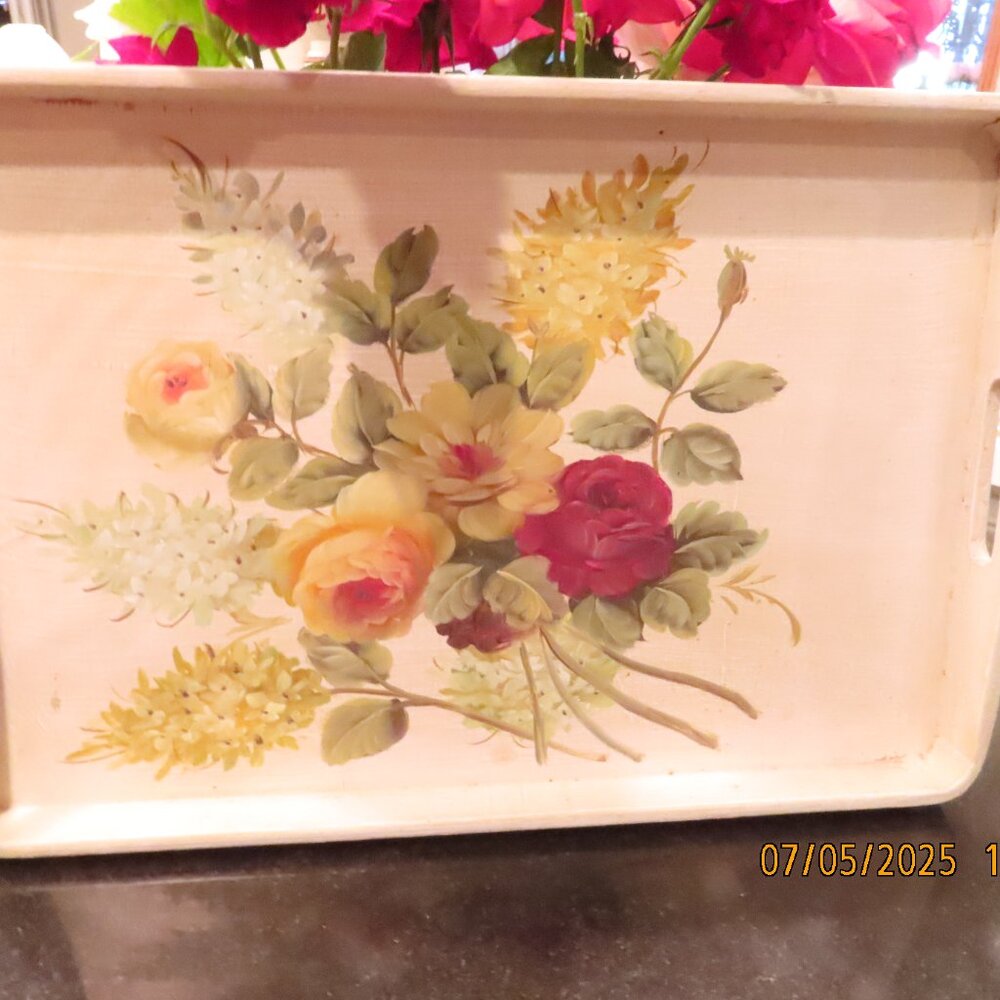 White Handpainted Shabby Chic Wood Serving Tray Rose Floral Handle cut out 17.5"